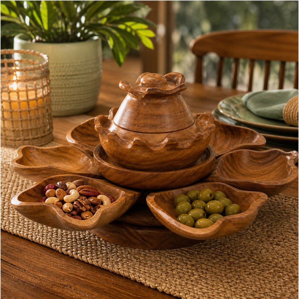 Vintage Large Monkey Pod Lotus Serving Bowl Set Lazy Susan Hand Carved Wood EUC